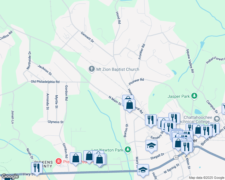 map of restaurants, bars, coffee shops, grocery stores, and more near 828 North Main Street in Jasper