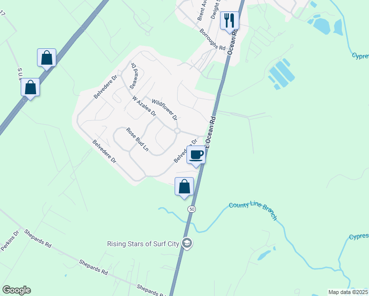map of restaurants, bars, coffee shops, grocery stores, and more near 104 Belvedere Drive in Holly Ridge