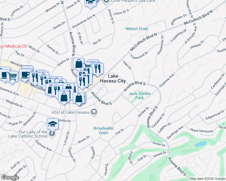 map of restaurants, bars, coffee shops, grocery stores, and more near 2286 Agave Bay in Lake Havasu City