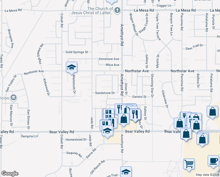 map of restaurants, bars, coffee shops, grocery stores, and more near 13625 Limestone Circle in Victorville