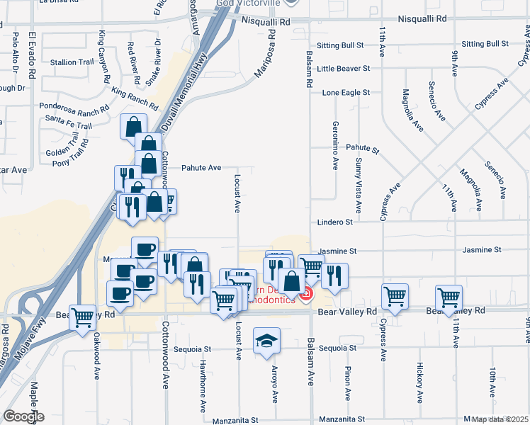 map of restaurants, bars, coffee shops, grocery stores, and more near Huerta Street in Victorville