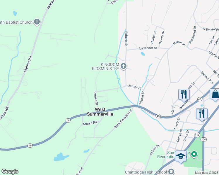 map of restaurants, bars, coffee shops, grocery stores, and more near 306 James Street in Summerville