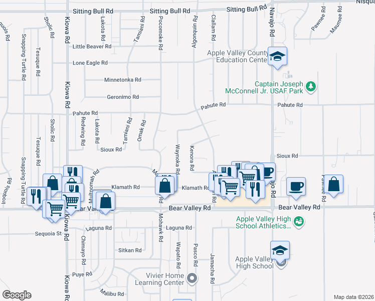 map of restaurants, bars, coffee shops, grocery stores, and more near 12355 Waynoka Road in Apple Valley