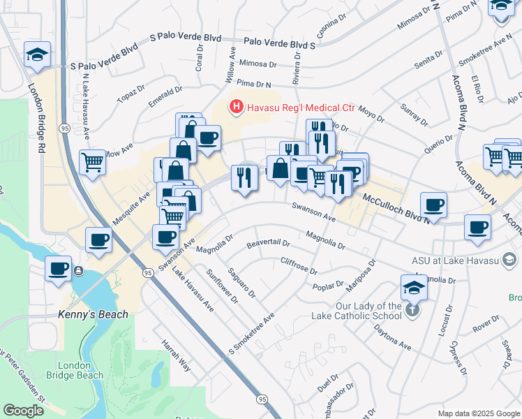 map of restaurants, bars, coffee shops, grocery stores, and more near 1850 McCulloch Boulevard North in Lake Havasu City