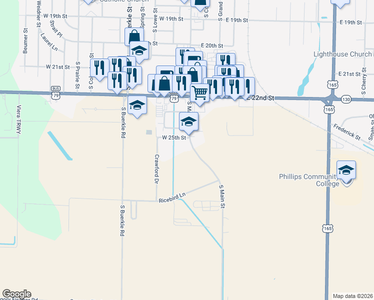 map of restaurants, bars, coffee shops, grocery stores, and more near 2506 South Main Street in Stuttgart