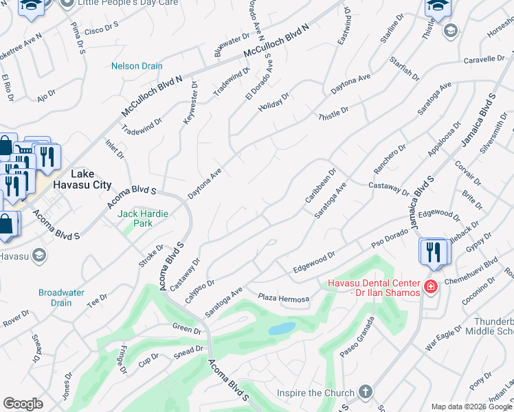 map of restaurants, bars, coffee shops, grocery stores, and more near 375 Buccaneer Ln in Lake Havasu City