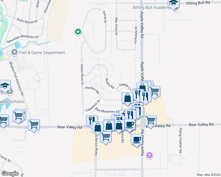 map of restaurants, bars, coffee shops, grocery stores, and more near 12360 Reata Road in Apple Valley
