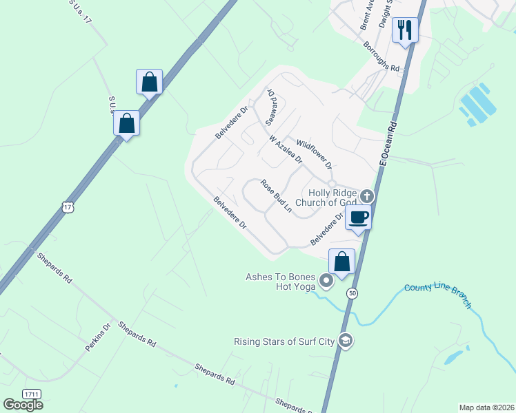 map of restaurants, bars, coffee shops, grocery stores, and more near 302 Rose Bud Lane in Holly Ridge