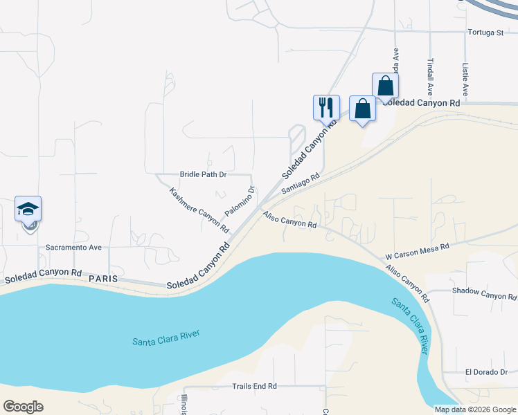 map of restaurants, bars, coffee shops, grocery stores, and more near Soledad Canyon Road in Acton