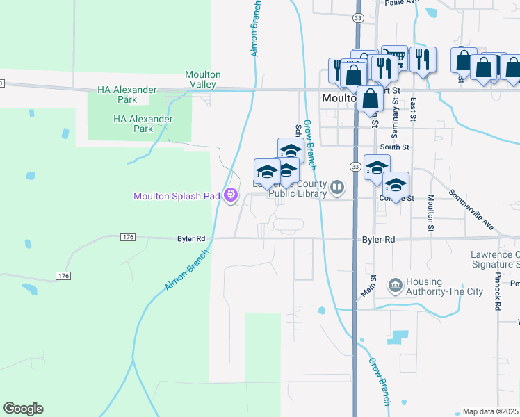 map of restaurants, bars, coffee shops, grocery stores, and more near 102 College Street in Moulton