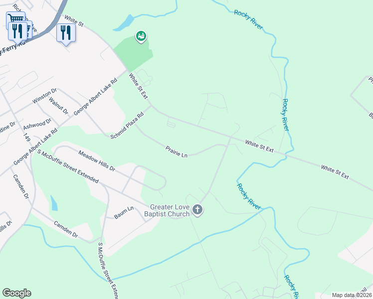 map of restaurants, bars, coffee shops, grocery stores, and more near 116 Prairie Lane in Anderson