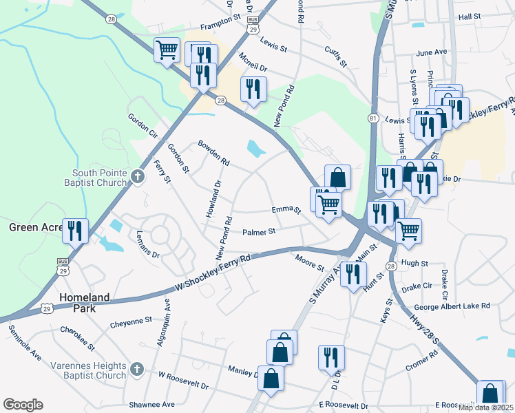 map of restaurants, bars, coffee shops, grocery stores, and more near 608 Emma Street in Anderson