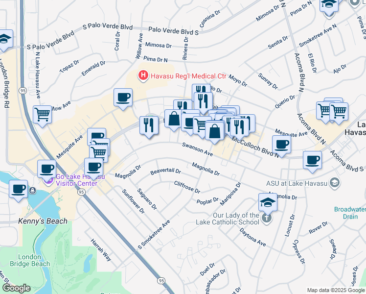 map of restaurants, bars, coffee shops, grocery stores, and more near 1980 McCulloch Boulevard North in Lake Havasu City