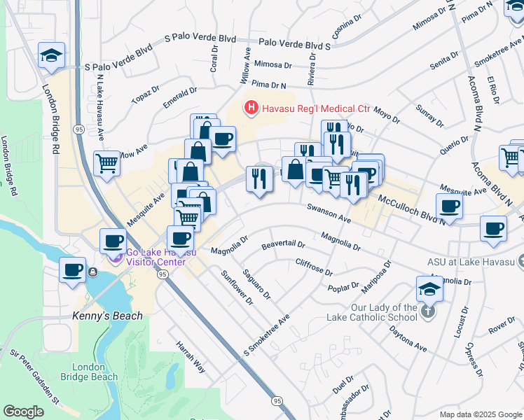 map of restaurants, bars, coffee shops, grocery stores, and more near 1850 McCulloch Boulevard North in Lake Havasu City