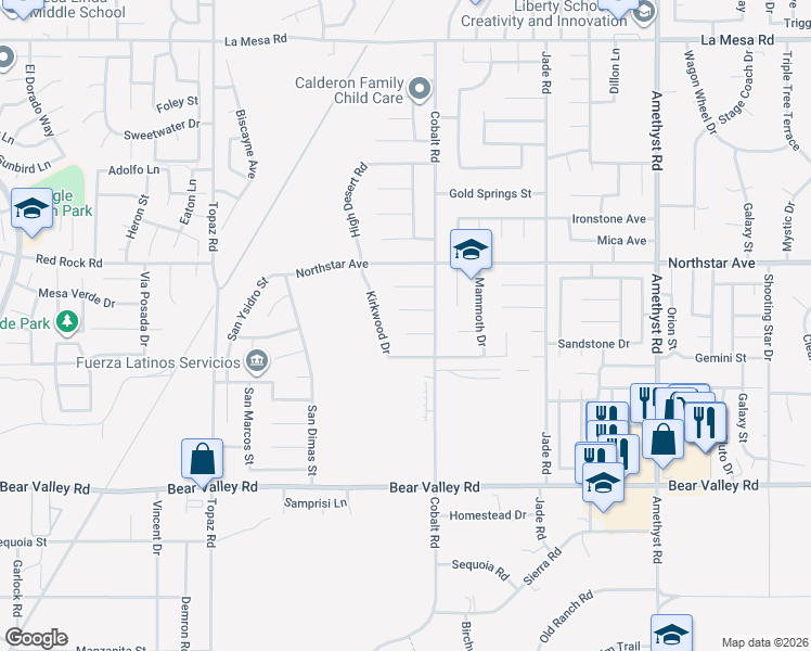 map of restaurants, bars, coffee shops, grocery stores, and more near 12401 Kirkwood Drive in Victorville