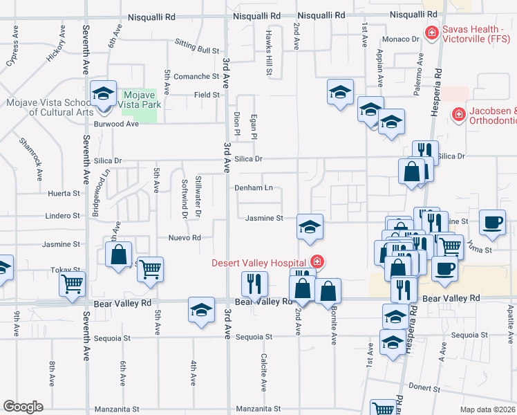map of restaurants, bars, coffee shops, grocery stores, and more near 16587 Don Quijote Lane in Victorville