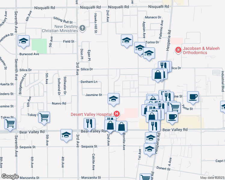 map of restaurants, bars, coffee shops, grocery stores, and more near 12362 Highgate Avenue in Victorville