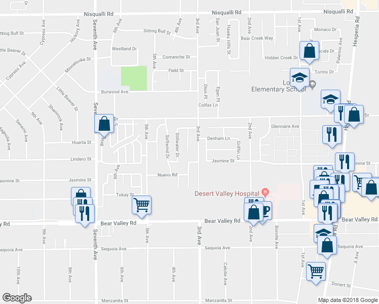map of restaurants, bars, coffee shops, grocery stores, and more near 12350 Quanah Court in Victorville