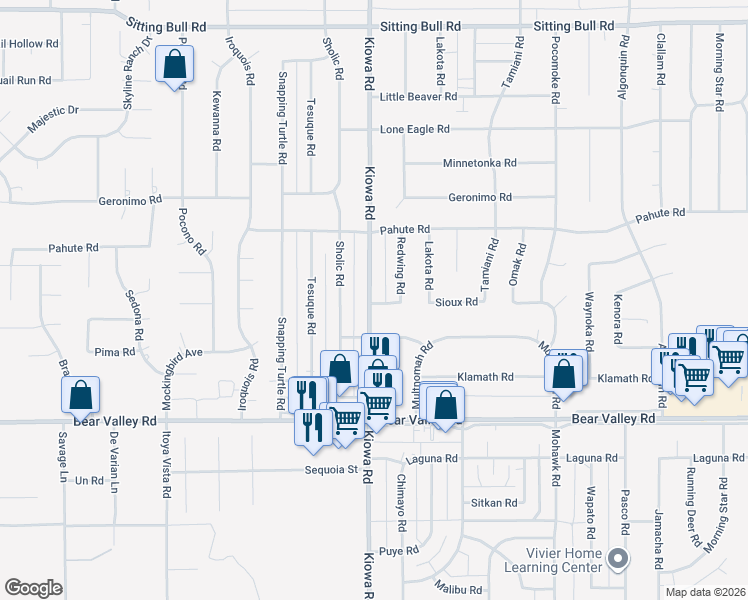 map of restaurants, bars, coffee shops, grocery stores, and more near Sioux Road in Apple Valley