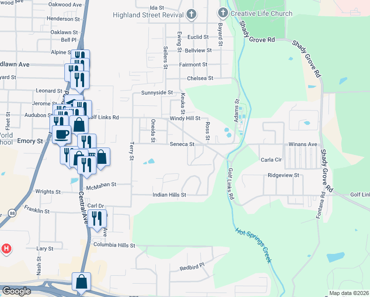 map of restaurants, bars, coffee shops, grocery stores, and more near 400 Golf Links Road in Hot Springs