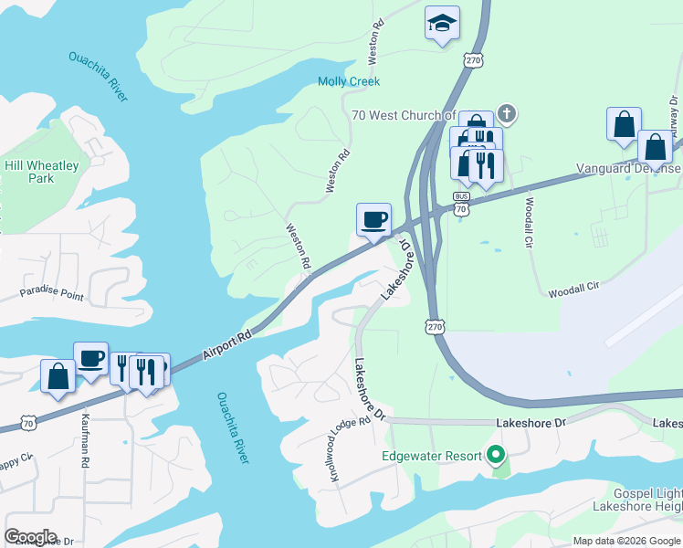 map of restaurants, bars, coffee shops, grocery stores, and more near 1127 Airport Road in Hot Springs