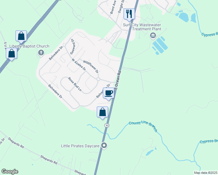 map of restaurants, bars, coffee shops, grocery stores, and more near 109 Belvedere Drive in Holly Ridge
