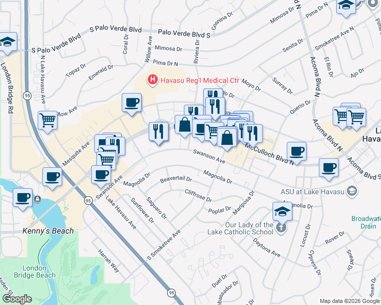 map of restaurants, bars, coffee shops, grocery stores, and more near 1880 Swanson Avenue in Lake Havasu City