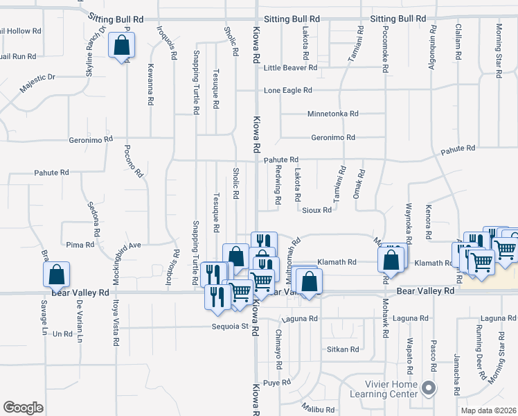 map of restaurants, bars, coffee shops, grocery stores, and more near 12359 Kiowa Road in Apple Valley