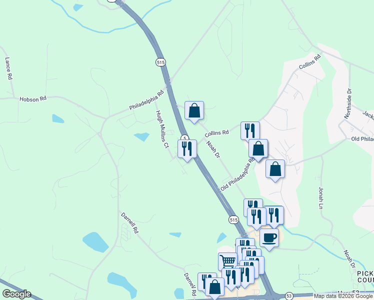 map of restaurants, bars, coffee shops, grocery stores, and more near 0 Georgia 515 in Jasper