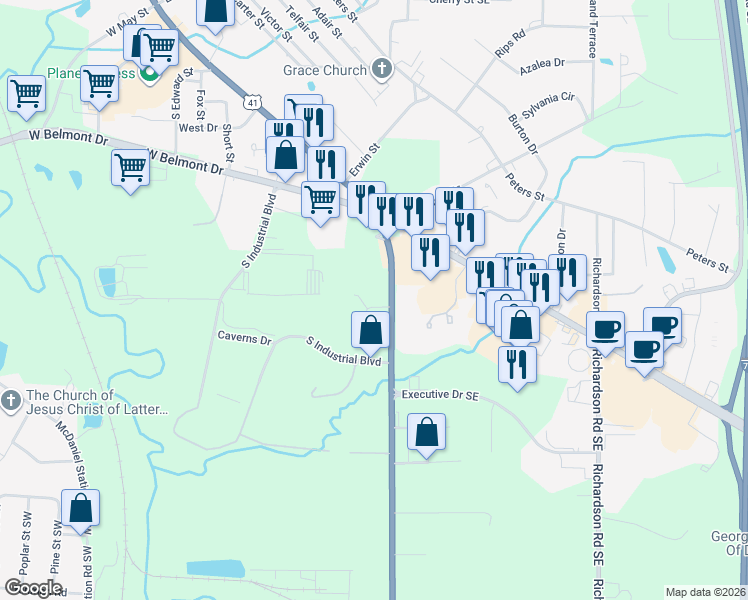 map of restaurants, bars, coffee shops, grocery stores, and more near 1313 U.S. 41 in Calhoun