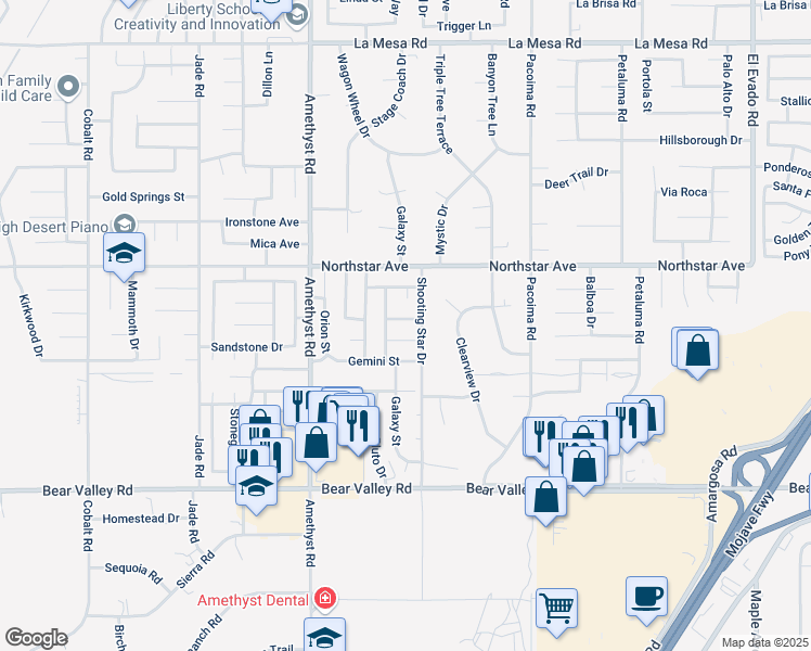 map of restaurants, bars, coffee shops, grocery stores, and more near 13771 Angeles Drive in Victorville