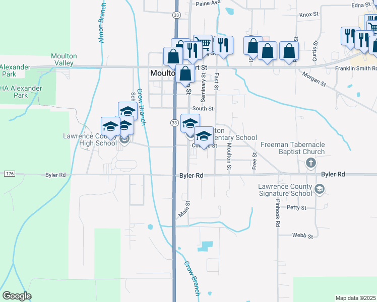 map of restaurants, bars, coffee shops, grocery stores, and more near 364 Main Street in Moulton