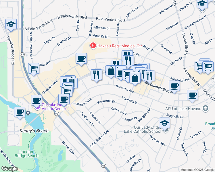 map of restaurants, bars, coffee shops, grocery stores, and more near 1850 Swanson Avenue in Lake Havasu City