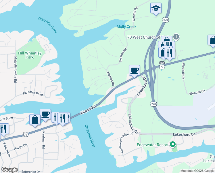 map of restaurants, bars, coffee shops, grocery stores, and more near 740 Weston Road in Hot Springs