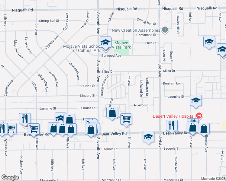 map of restaurants, bars, coffee shops, grocery stores, and more near 12363 6th Avenue in Victorville