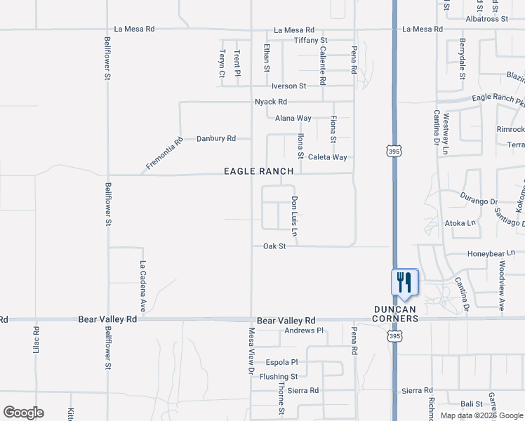 map of restaurants, bars, coffee shops, grocery stores, and more near Mesa View Drive in Victorville
