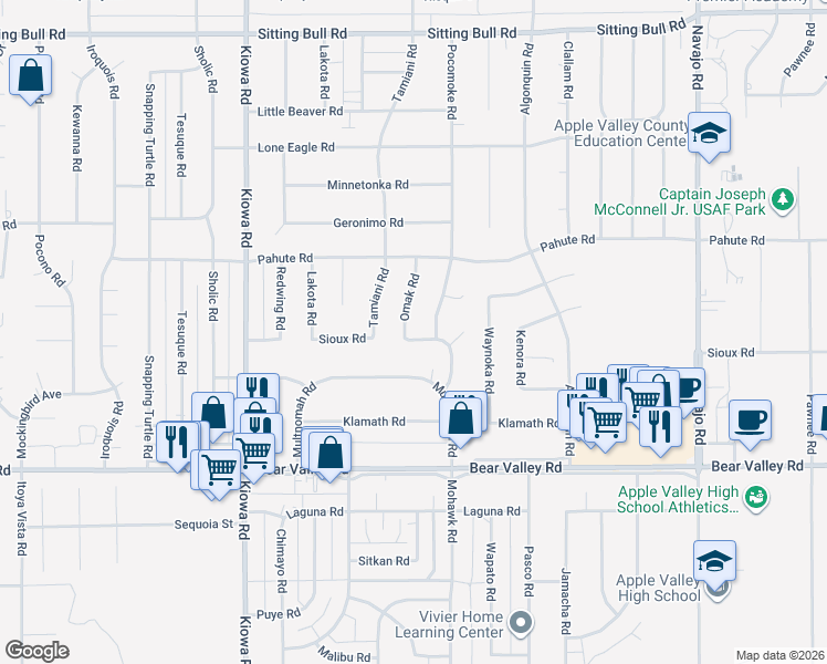 map of restaurants, bars, coffee shops, grocery stores, and more near 21196 Sioux Road in Apple Valley