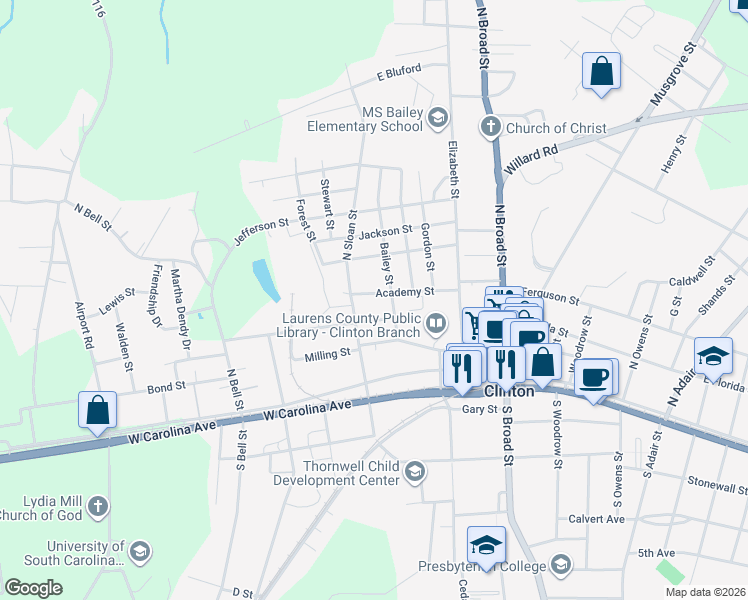 map of restaurants, bars, coffee shops, grocery stores, and more near 503 Academy St in Clinton