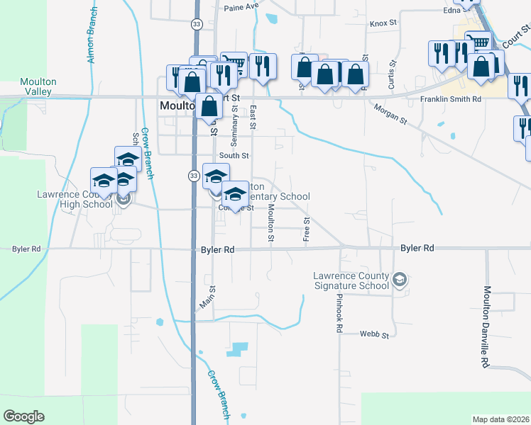 map of restaurants, bars, coffee shops, grocery stores, and more near 850 College Street in Moulton