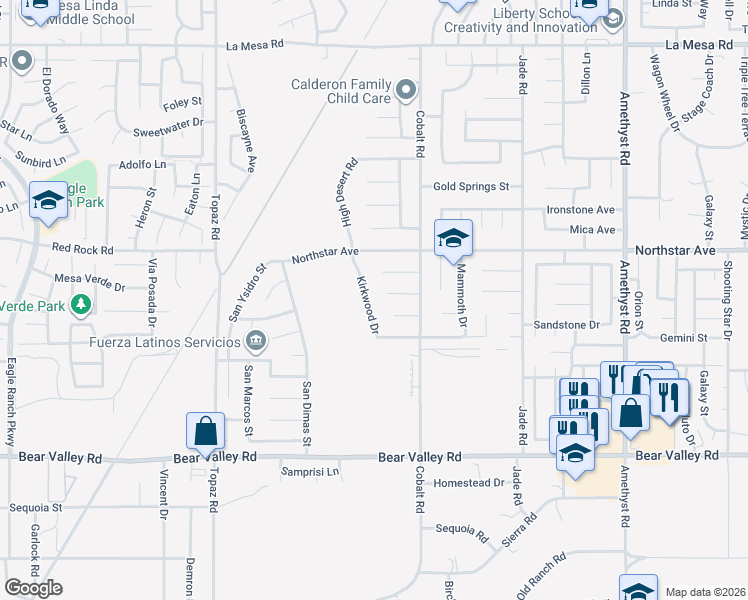 map of restaurants, bars, coffee shops, grocery stores, and more near 12401 Kirkwood Drive in Victorville