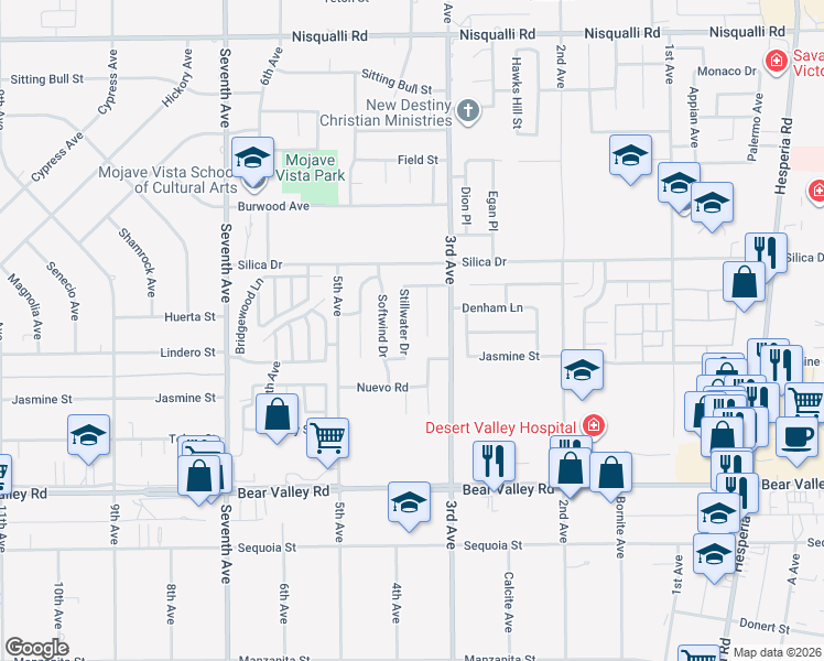 map of restaurants, bars, coffee shops, grocery stores, and more near 12383 Stillwater Drive in Victorville