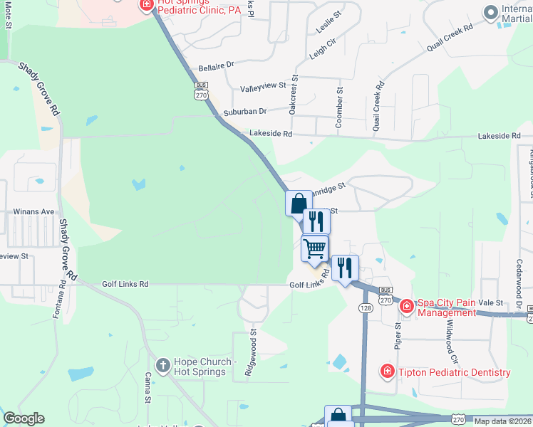 map of restaurants, bars, coffee shops, grocery stores, and more near 148 Arlington Park Terrace in Hot Springs