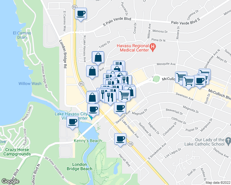 map of restaurants, bars, coffee shops, grocery stores, and more near 1631 McCulloch Boulevard North in Lake Havasu City