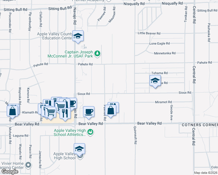 map of restaurants, bars, coffee shops, grocery stores, and more near 12351 Pawnee Road in Apple Valley