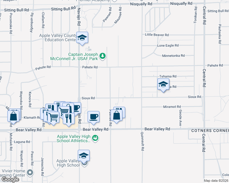 map of restaurants, bars, coffee shops, grocery stores, and more near 12351 Pawnee Road in Apple Valley