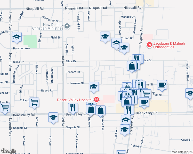 map of restaurants, bars, coffee shops, grocery stores, and more near 16757 Highgate Court in Victorville