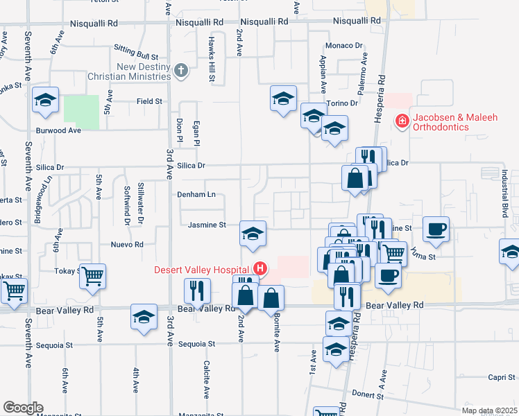 map of restaurants, bars, coffee shops, grocery stores, and more near 16757 Highgate Court in Victorville