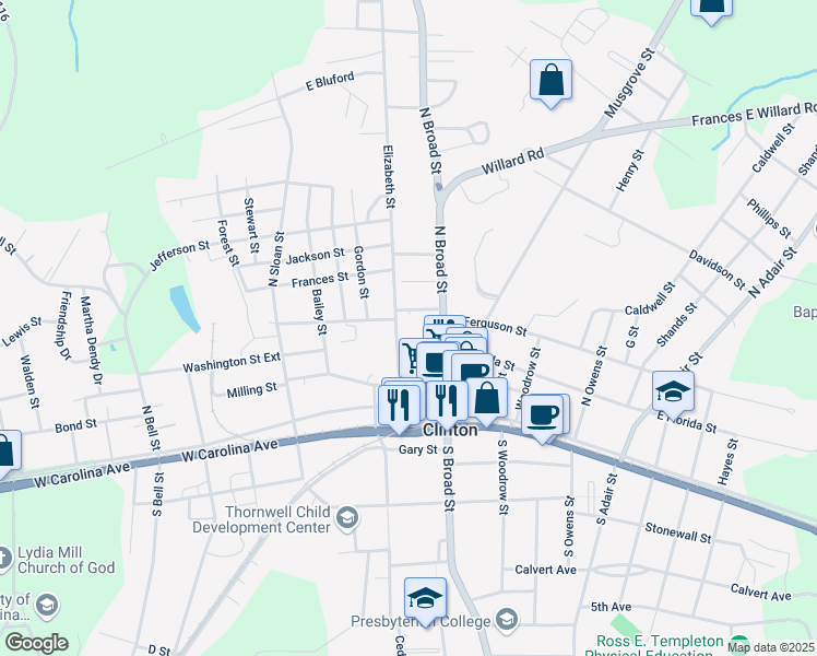 map of restaurants, bars, coffee shops, grocery stores, and more near 202 Elizabeth Street in Clinton