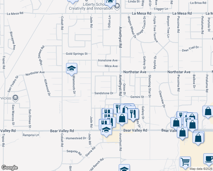 map of restaurants, bars, coffee shops, grocery stores, and more near 13600 Limestone Circle in Victorville