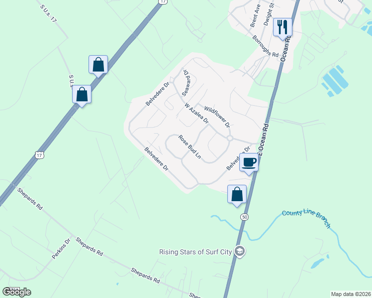 map of restaurants, bars, coffee shops, grocery stores, and more near 229 Red Carnation Drive in Holly Ridge